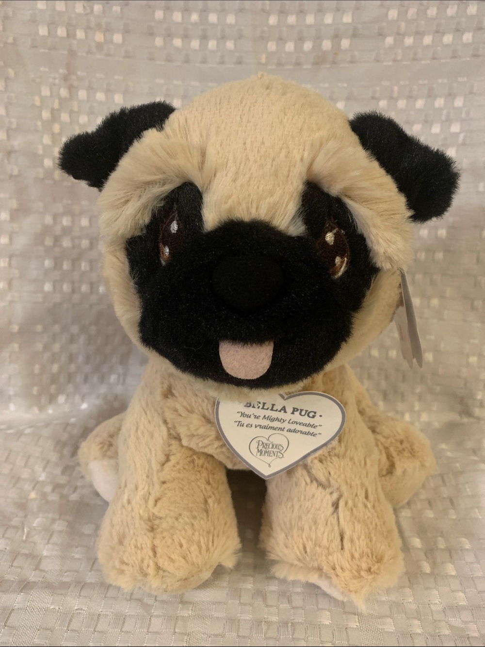 Precious Moments Beige and Black Bella Pug Plush, 8.5 inches tall.